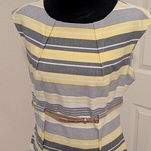 Calvin Klein Yellow Gray Striped Sheath Dress Belted Size 8